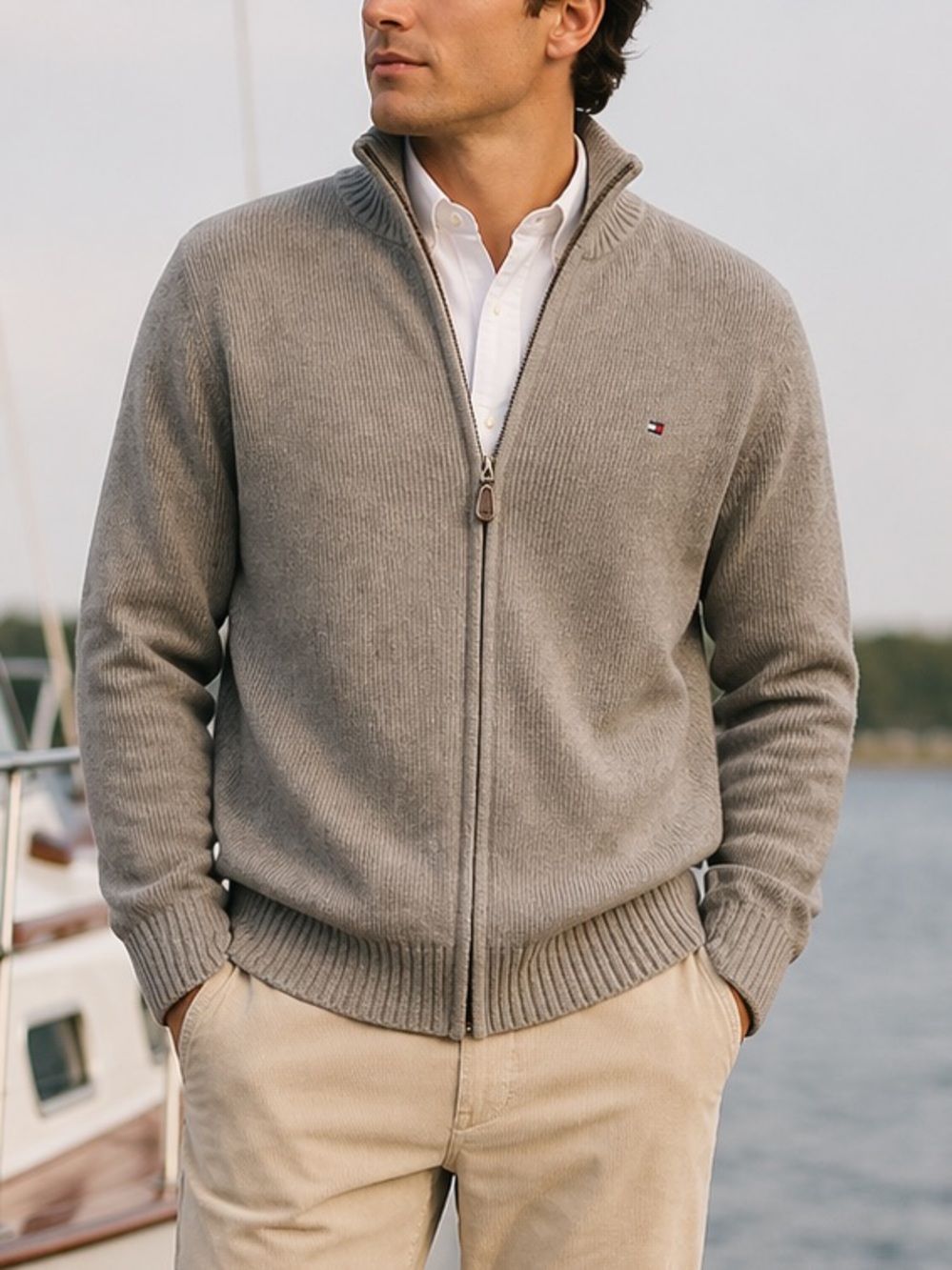 Tommy Hilfiger Heather Gray Mens Signature Full Zip Cardigan Sweater Size Medium